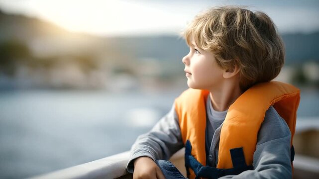 A small boy with floaties sitting on a boat in soft daylight
