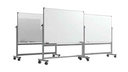 Mobile whiteboard system with clear dividers.  Three whiteboards of varying sizes, separated by clear panels.  Mounted on a gray metal base with wheels for easy transport