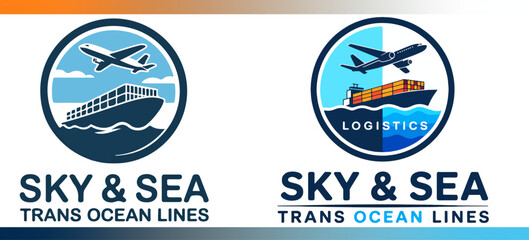 Naklejka premium Sky and Sea Trans Ocean Lines logo design with cargo ship and airplane symbolizing global trade, freight, maritime shipping, logistics and worldwide delivery