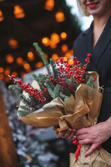 beautiful woman in Christmas style. Girl walk at the street in new year mood