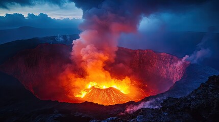 Erupting Lava Crater with Thick Smoke at Dusk