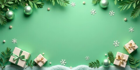 A Festive Mint Green Background with Presents, Ornaments, and Snow