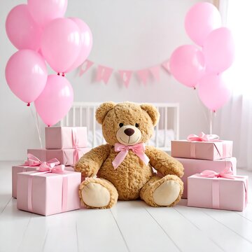 Pink birthday party setup with teddy bear