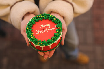Beautiful New Year decorations, in the house, in the studio, Cake with the inscription Merry Christmas