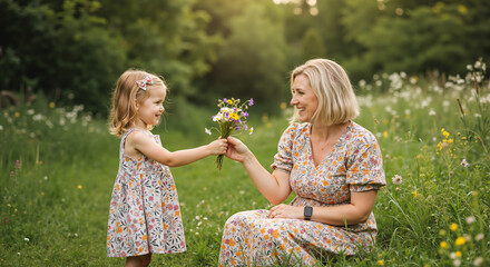 Daughter gives her mother meadow flowers