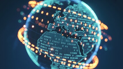 A digital earth globe with binary code, symbolizing global connectivity, data flow, and technological advancement in an abstract representation
