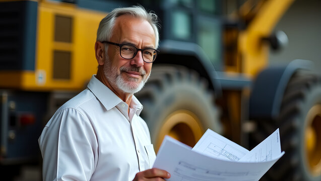 Experienced engineer with blueprints smiles confidently near heavy construction machinery for a project