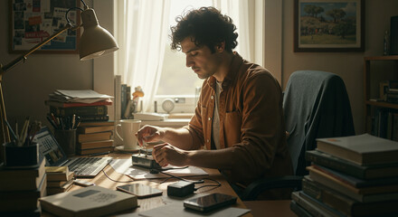 Man focused while working at a desk in a home office
