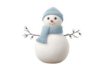 Cute snowman with blue scarf and hat, isolated on transparent background