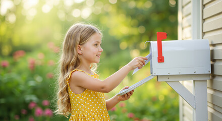 Curious girl retrieving a letter from a mailbox