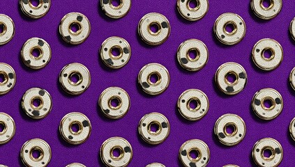 Circular, patterned objects arranged in a repeating grid pattern on a vibrant purple background.  Each object is a ring, cream-colored with dark spots, and has a small, gold-colored center hole