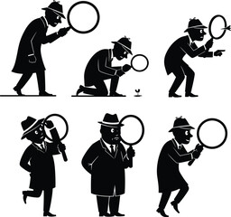 Detective Male Silhouettes with Magnifying Glass in Action Poses, Crime Scene Investigation, Sleuth Searching Clues for Mystery Solving Design
