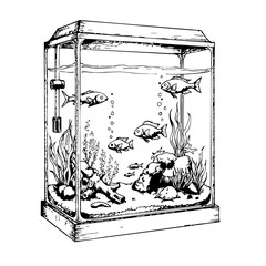 Fototapeta premium Vintage aquarium sketch featuring various fish and aquatic plants 