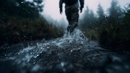 Fototapeta premium A person actively walks through a splashing stream on a misty forest trail with water droplets suspended in the air