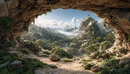 A breathtaking vista through a cave opening. Lush, green valleys and misty mountains stretch out below. Sunlight streams through the rocky archway