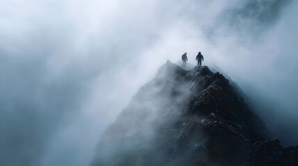 Two adventurous hikers stand triumphantly on a rugged mountain summit enveloped in dense atmospheric fog conveying a sense of achievement