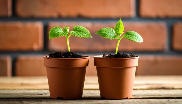 Two small plants in terracotta pots on a wooden surface