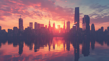 Fototapeta premium Urban Sunset Cityscape with Vibrant Skyline Reflections and Serene Nightfall Atmosphere