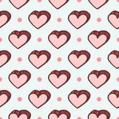 Vector seamless pattern with freehand drawn cartoon voluminous pink hearts on light blue background with polka dots