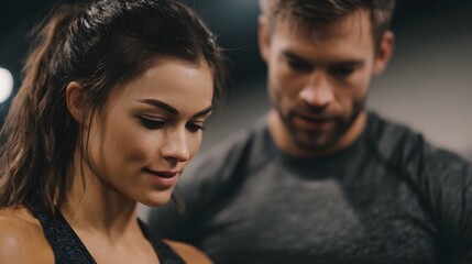 Personal trainer assisting a focused female client with her workout form in a modern gym setting emphasizing guidance and individual progress