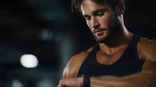 Sweaty muscular man checking his smartwatch during an intense gym workout focusing on fitness progress and performance data