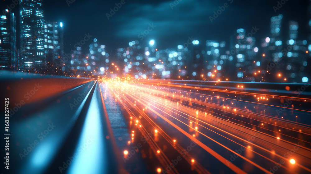 Poster illuminated city skyline with glowing lines and blurred lights creating a futuristic cityscape view