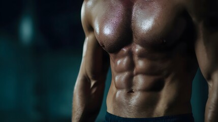 Close up of a muscular male torso showcasing well defined abs and chest glistening with sweat after an intense workout