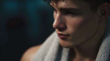 A young sweaty man with a towel draped over his shoulders takes a moment to rest after an intense workout in a gym
