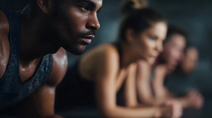 Determined athletes sweat through an intense group workout session in a gym demonstrating focus and strength during their fitness training