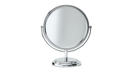 Fototapeta premium Oval tabletop vanity mirror. Silver-toned metal frame. Empty reflective surface. Simple design
