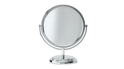 Oval tabletop vanity mirror.  Silver-toned metal frame.  Empty reflective surface.  Simple design