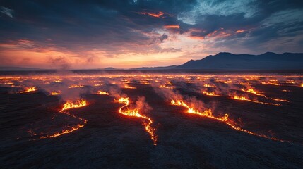 Burning Cracked Earth and Lava Rivers at Fiery Sunset