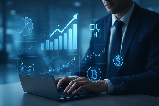 Professional businessman using laptop with futuristic financial dashboard analyzing cryptocurrency blockchain growth chart digital economy investment global statistics revenue market trading economy