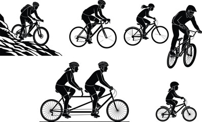 Obraz premium Cycling silhouette vector, mountain biking, road cycling, BMX stunt, tandem bike, child learning to ride, outdoor sport, family activity illustration