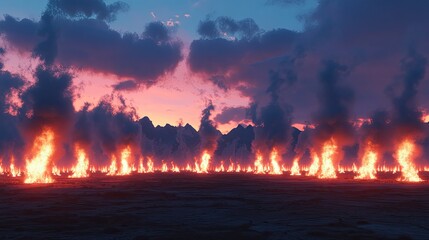 Lava Field with Flaming Steam Columns at Sunset