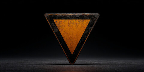 Rusty triangular road warning sign on dark background - AI generated