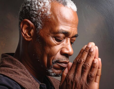 Solemn portrait of a senior African American man with hands clasped in a moment of deep prayer and spiritual contemplation