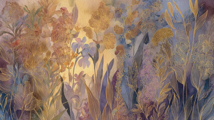 watercolor pictures Natural little a Lilly flower field in a lifestyle style expressing wonder with pastel floral shades and golden lighting harmony