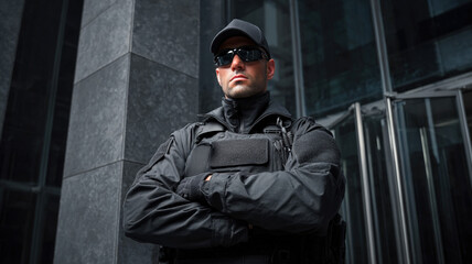 Professional Security Guard in Dark Clothing and Sunglasses Standing with Crossed Arms Near Building