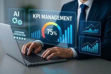 Businessman analyzing kpi management dashboard on laptop with ai customer satisfaction metrics growth charts technology data performance measurement innovation corporate success business intelligence 