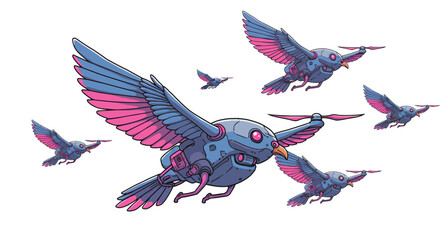 Futuristic robotic birds in flight with colorful wings and mechanical features