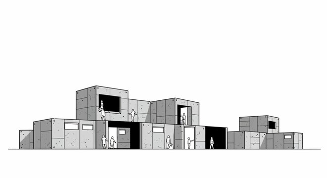 Modern minimalist concrete architecture with people
