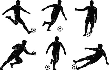Soccer player silhouette vector, football action poses, kicking, dribbling, passing, diving, sports movement illustration, athletic training, dynamic football concept
