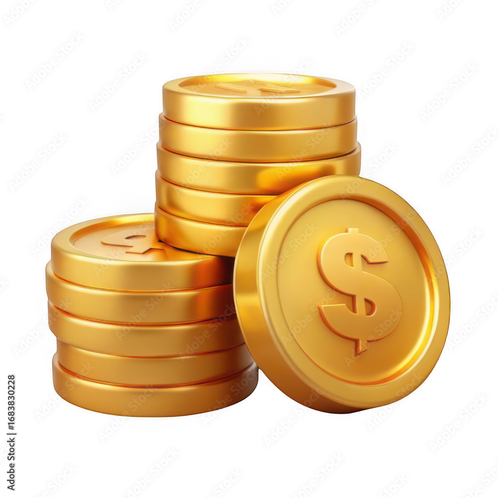 Poster 3d stacked gold coins with dollar symbol realistic render for financial concepts transparent backgro