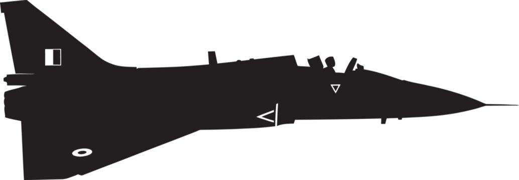 Black silhouette of an Indian Air Force HAL Tejas fighter jet in a side profile view