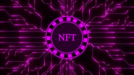 Glowing Purple NFT Logo Centered on Digital Circuit Board Pattern non-fungible token digital art - Powered by Adobe
