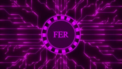Abstract Futuristic Circuit Board with Glowing Purple Lines and Central Circle with FER Text technology