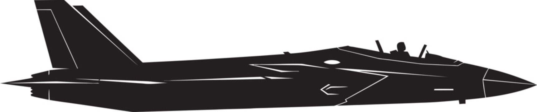 Stylized black silhouette of an F14 Tomcat fighter jet in a static side profile view showing its iconic twin tails and cockpit