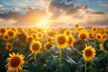 Fototapeta premium Sunflower Field at Sunrise: Vibrant Nature Landscape with Blooming Yellow Flora and Lush Greenery