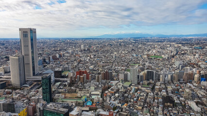 Breathtaking aerial view from a high-rise captures the immense, dense urban sprawl of Tokyo, Japan,...